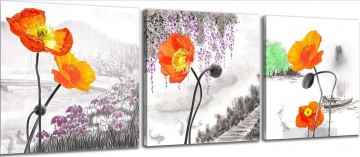  flowers painting - flowers in ink style in set panels
